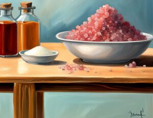 sea salt and himalayan salt on a table.