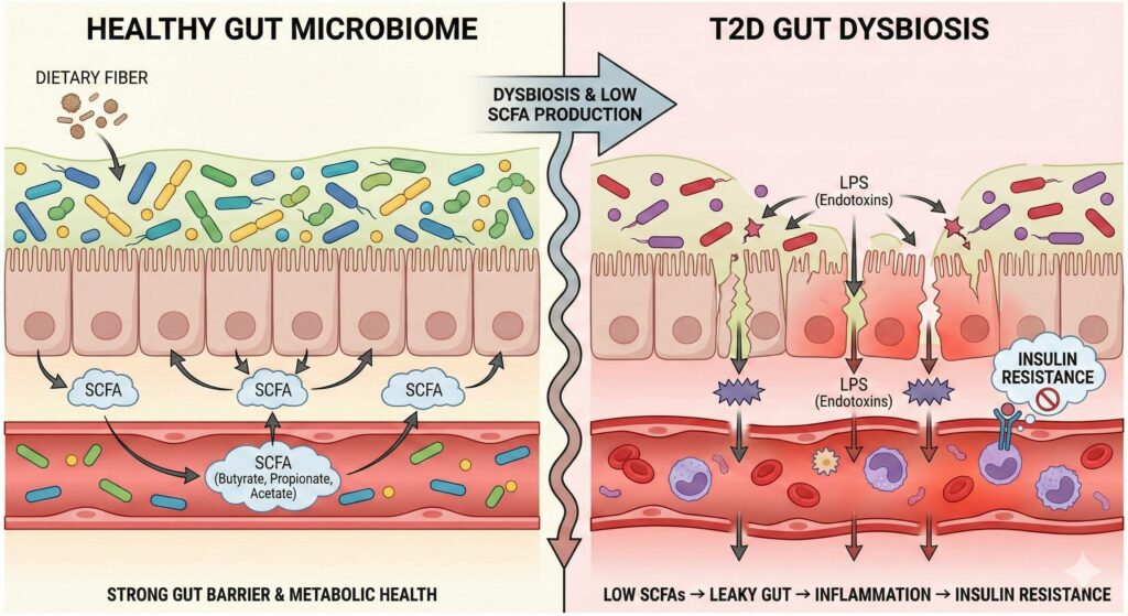 The Connection between Gut Dysbiosis, Type 2 Diabetes, and SCFAs