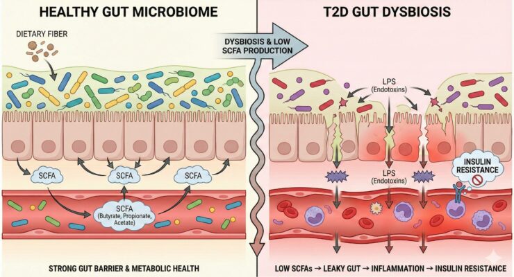 The Connection between Gut Dysbiosis, Type 2 Diabetes, and SCFAs