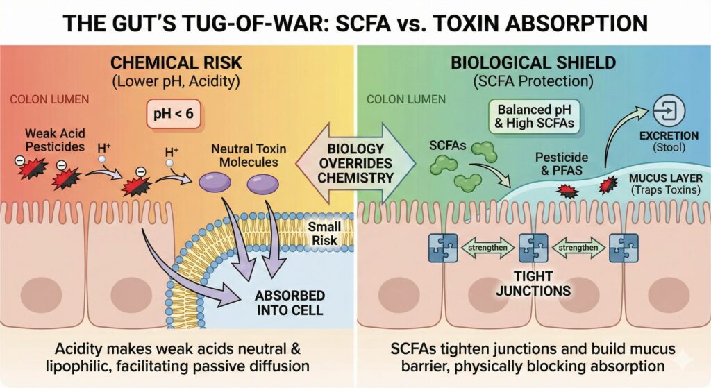 SCFAs and an acidic colon environment and its effects on Pesticides and PFAs