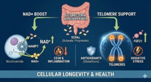 The Connection between the gut and NAD+ production, Telomere length, and longevity