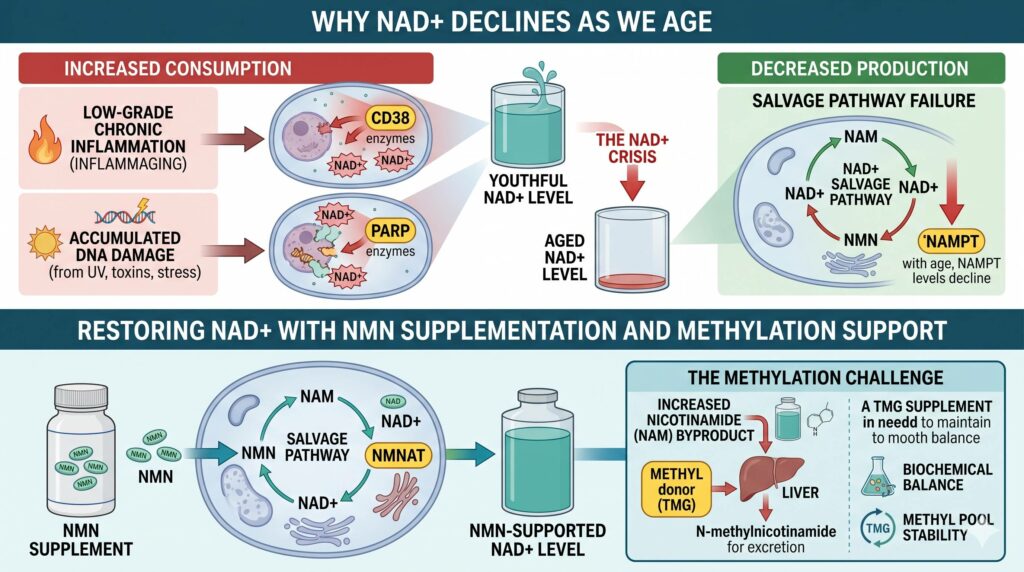 Why does NAD+ decline with age?
