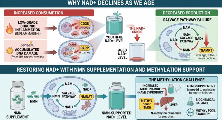 Why does NAD+ decline with age?