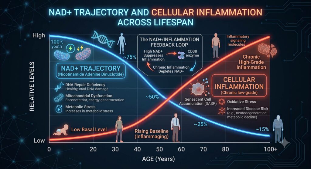 NAD+ declines at age 50.