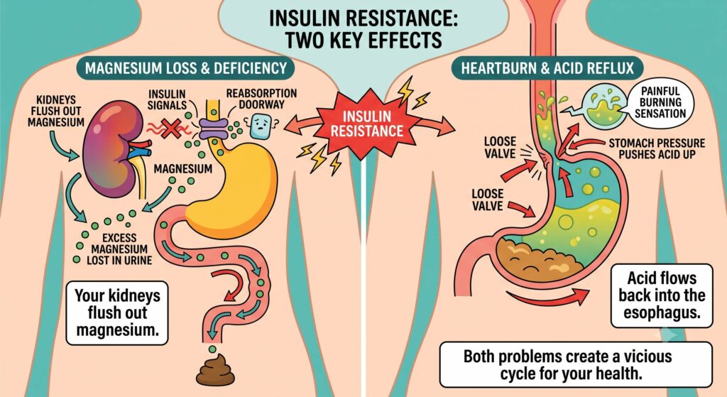 Insulin resistance can cause heart burn and mineral absorption issues.